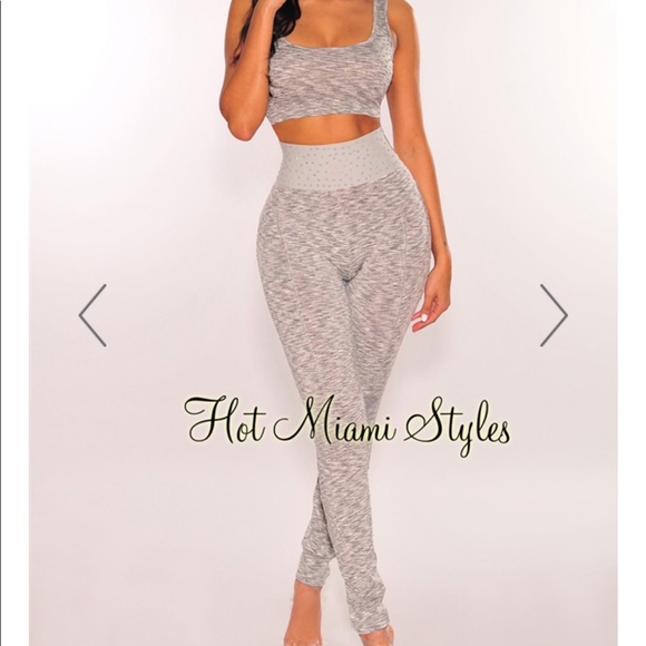 Hot Miami Styles Pants - NWT Gray Iridescent Rhinestone High Waist 2 Piece
